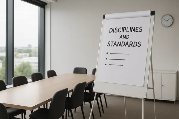 Meeting room with body art disciplines and standards shown on a flipchart
