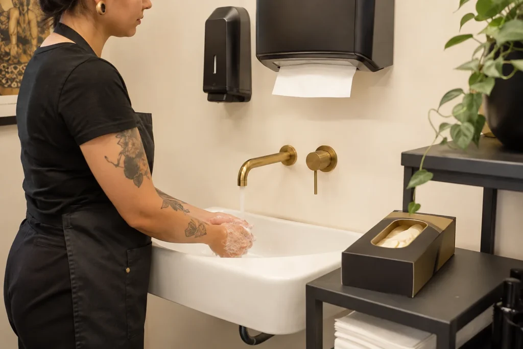 Body art professional washing their hands before preparing a treatment area