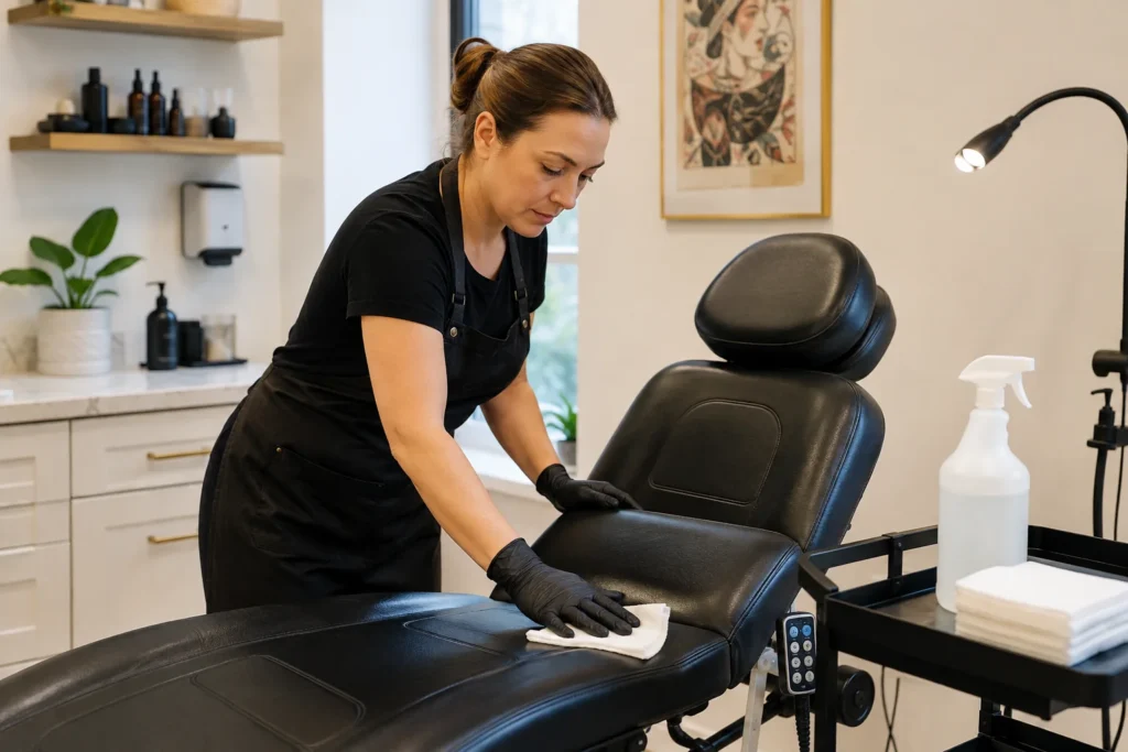 Body art professional cleaning and disinfecting a treatment chair between clients
