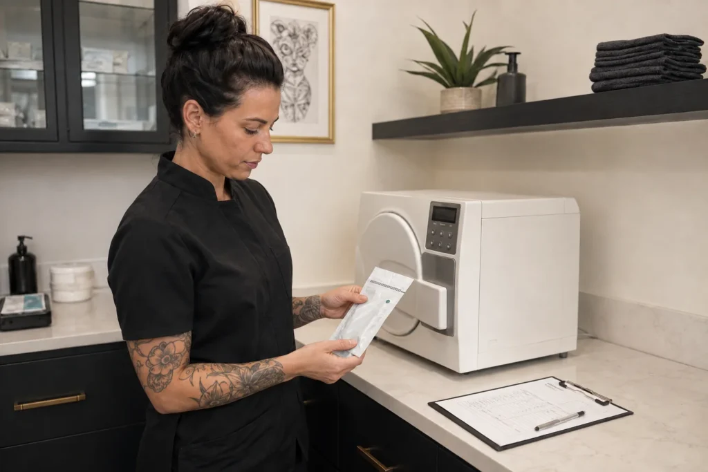 Body art professional checking a sealed instrument pouch beside an autoclave