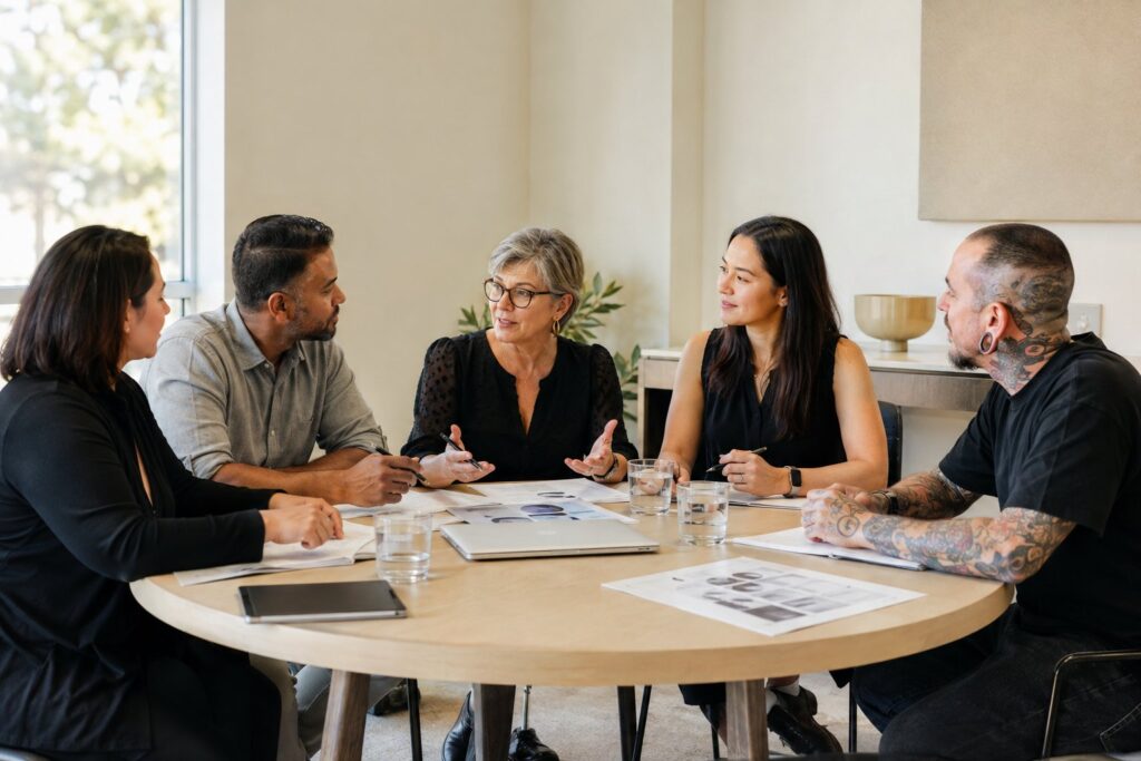 Government, public health, consumer and body art representatives discussing draft safety standards around a shared table
