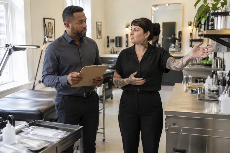 Public health officer and body art practitioner walking through a clean professional studio together