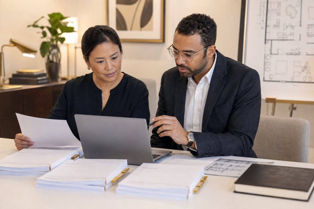 Two public health professionals reviewing adaptable regulation documents, an evidence register and a studio layout
