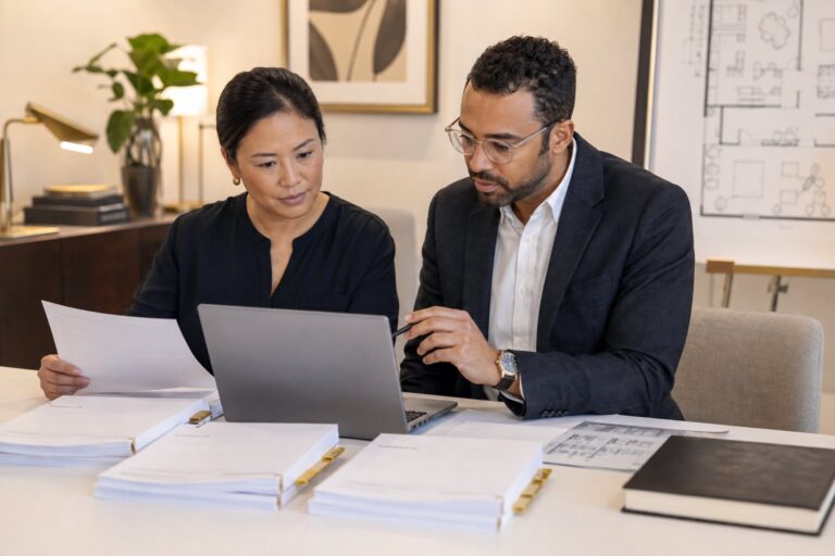 Public health professionals reviewing an inspection checklist and evidence register