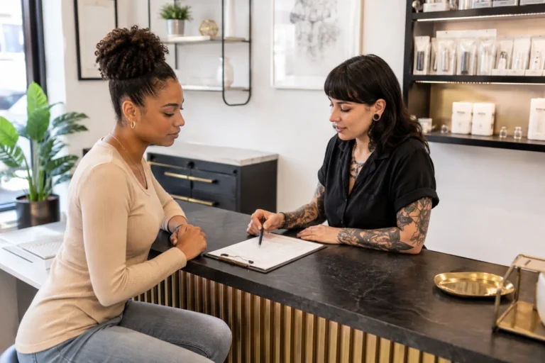 Body piercer discussing consent and safety information with an adult client