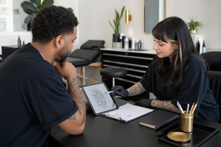 Tattoo artist reviewing a proposed design and consultation information with an adult client