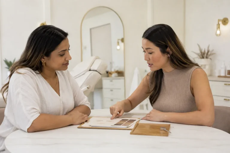 Permanent makeup practitioner and adult client having a private consultation in a bright professional studio