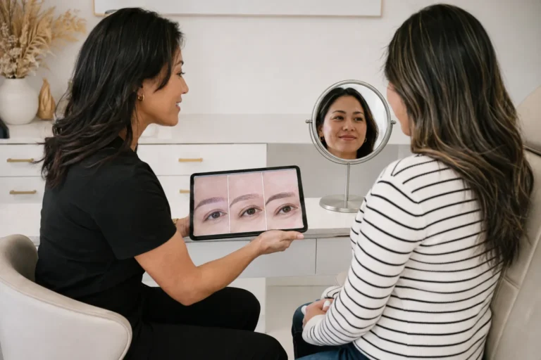 Permanent makeup practitioner and adult client reviewing healed eyebrow results during follow-up