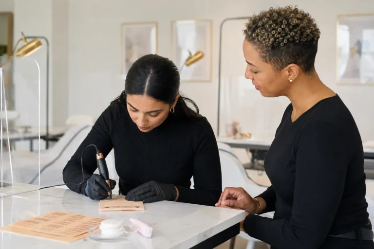 Permanent makeup educator supervising an adult learner practising machine control on synthetic practice skin