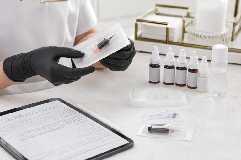 Permanent makeup learner checking sealed cartridge and pigment records at a clean training station