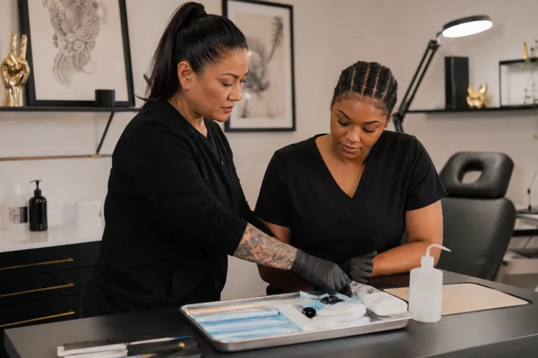 Experienced body art mentor guiding an adult learner through controlled infection-prevention preparation