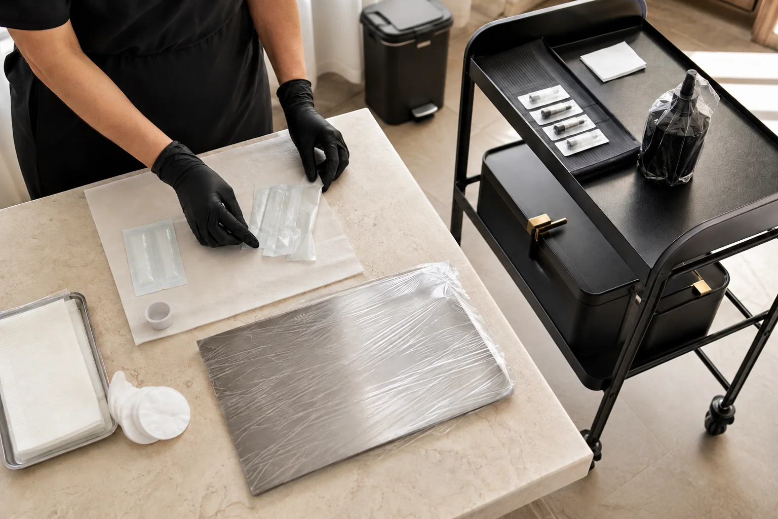 Clean body art workstation with unopened supplies and a separate closed waste bin