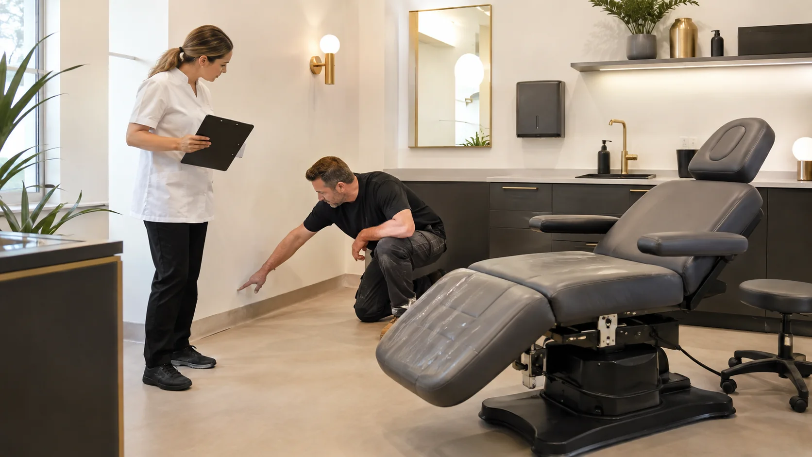 Studio manager and contractor checking a coved easy-clean floor and treatment-room wall