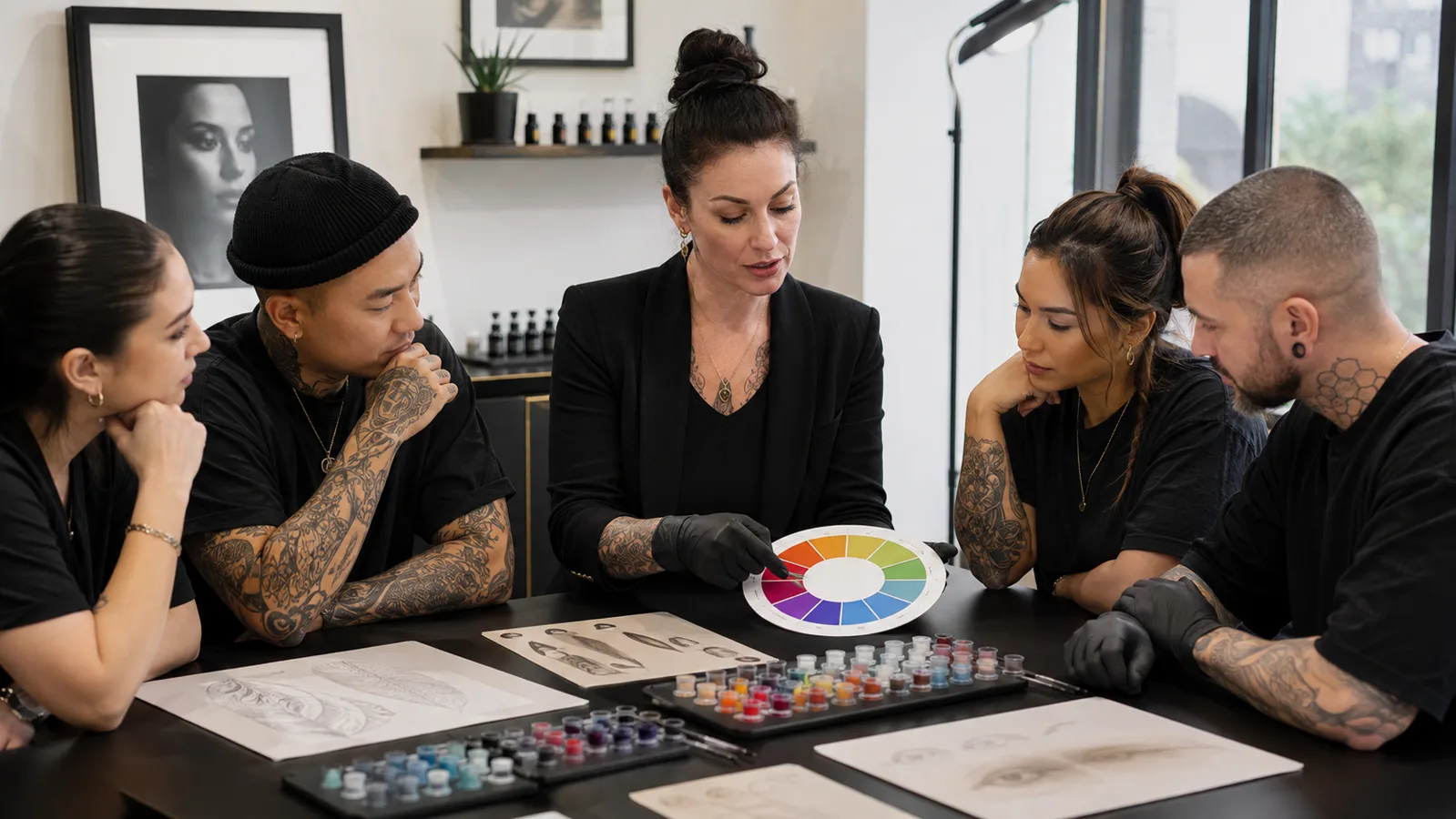 Body art educator teaching colour relationships to tattoo PMU and SMP artists