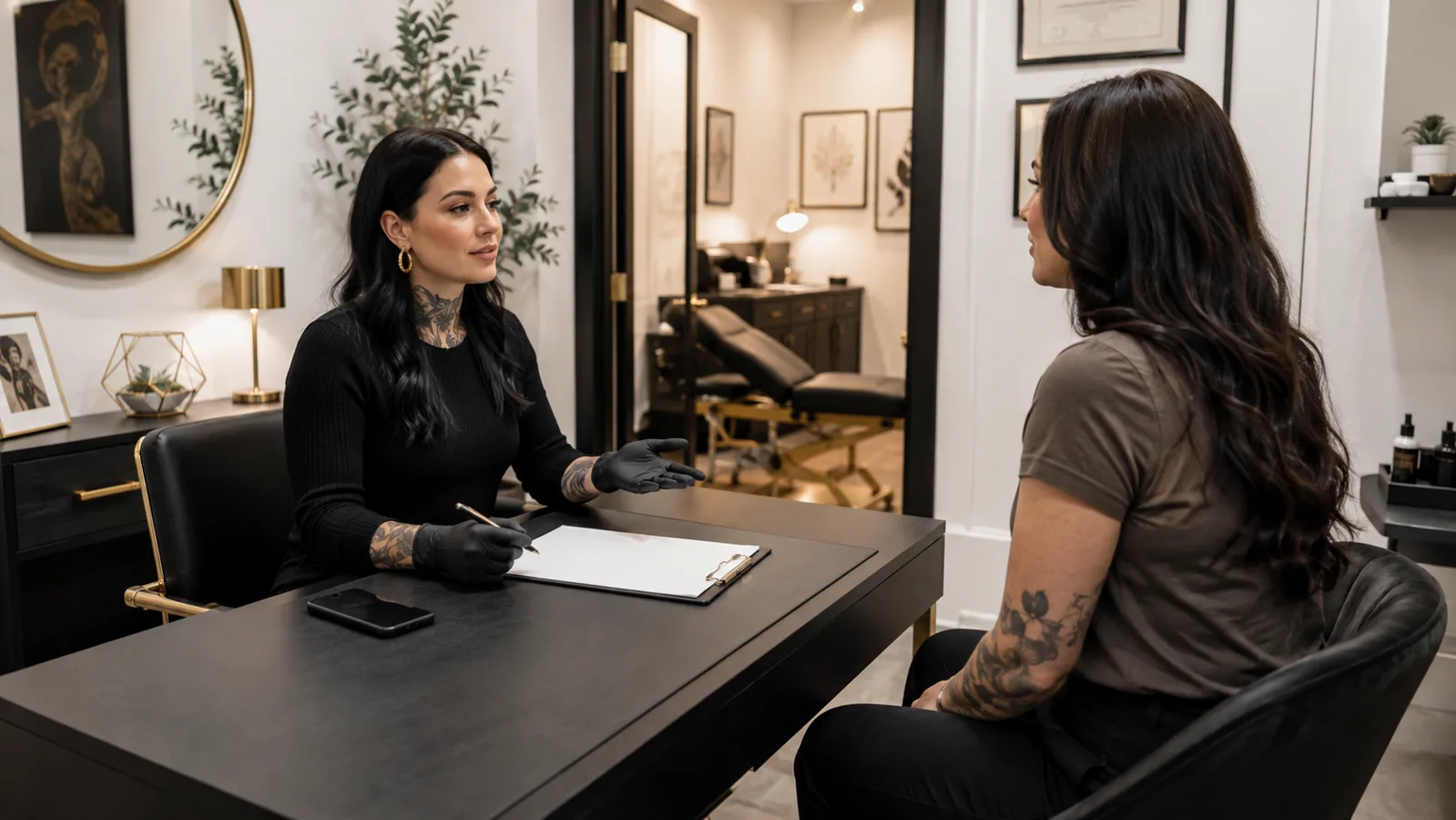 Body art professional explaining a referral and confidential follow-up plan to an adult client