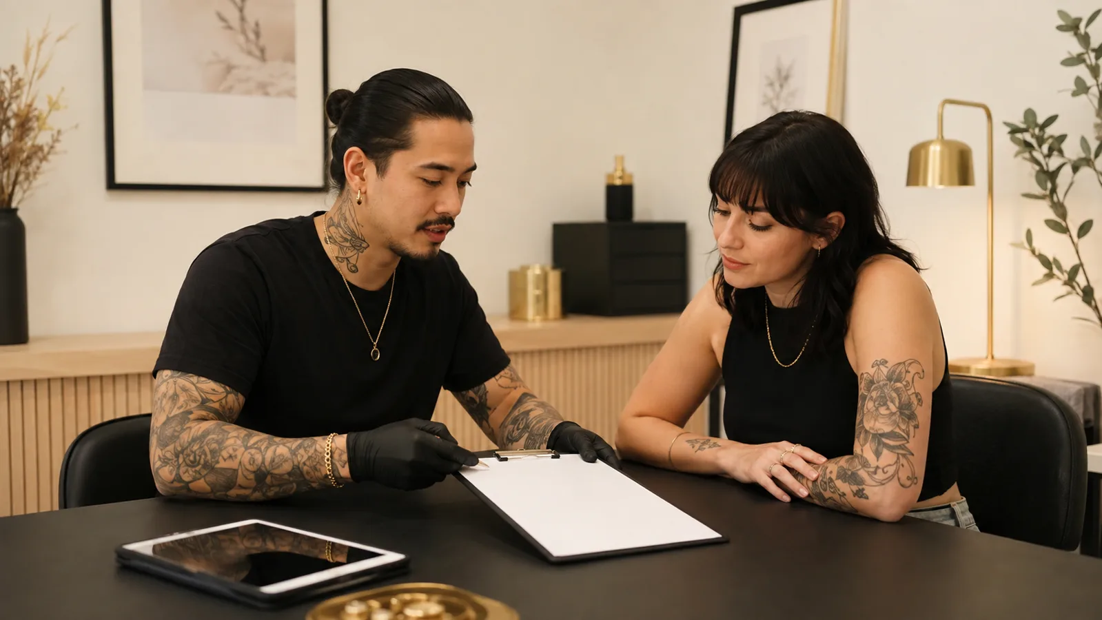 Body art professional and adult client reviewing a consent form together in a private consultation