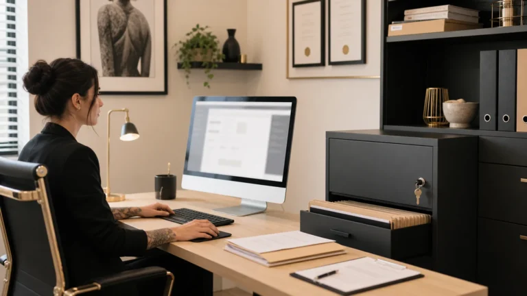 Studio manager organising secure electronic and paper client records