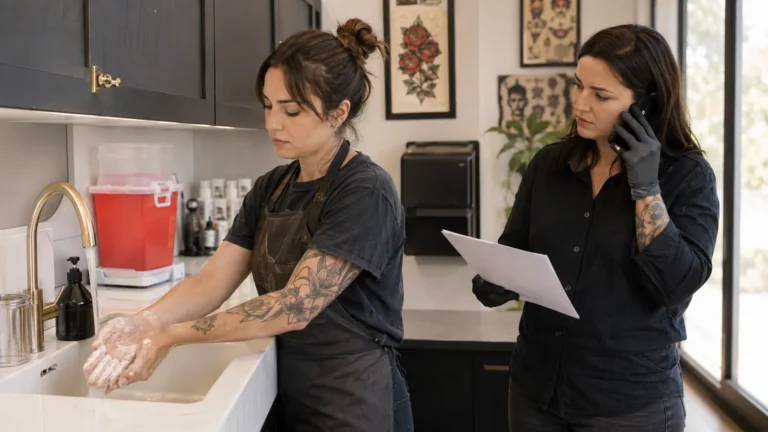 Body art professional washing a needlestick injury at a studio sink