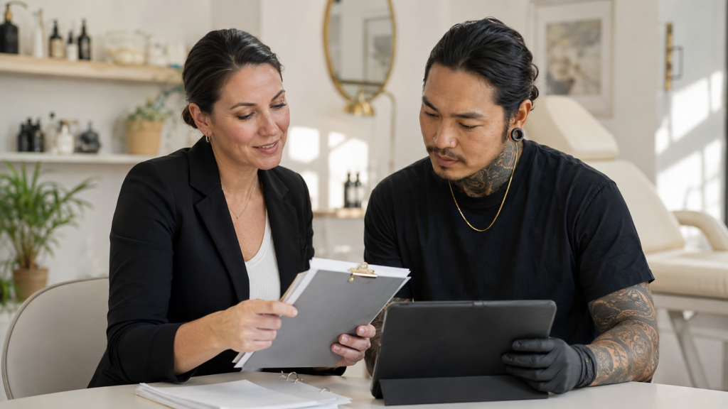 Studio manager and sole practitioner reviewing a compliance plan together