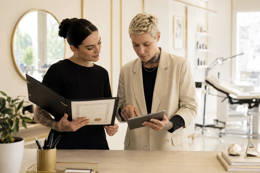 Body art professionals comparing a generic certificate with an online verification record without exposing personal information
