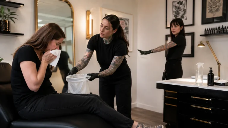 Tattoo artist assisting a nauseous client in a prepared studio