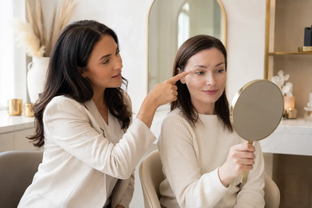 Adult client reviewing a proposed permanent eyebrow design in a mirror with a permanent makeup practitioner