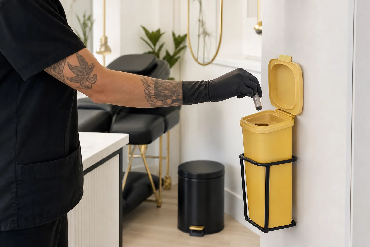 Body art professional placing an enclosed used cartridge into a wall-mounted sharps container