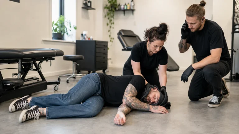 Body art studio team protecting a client during recovery from a seizure