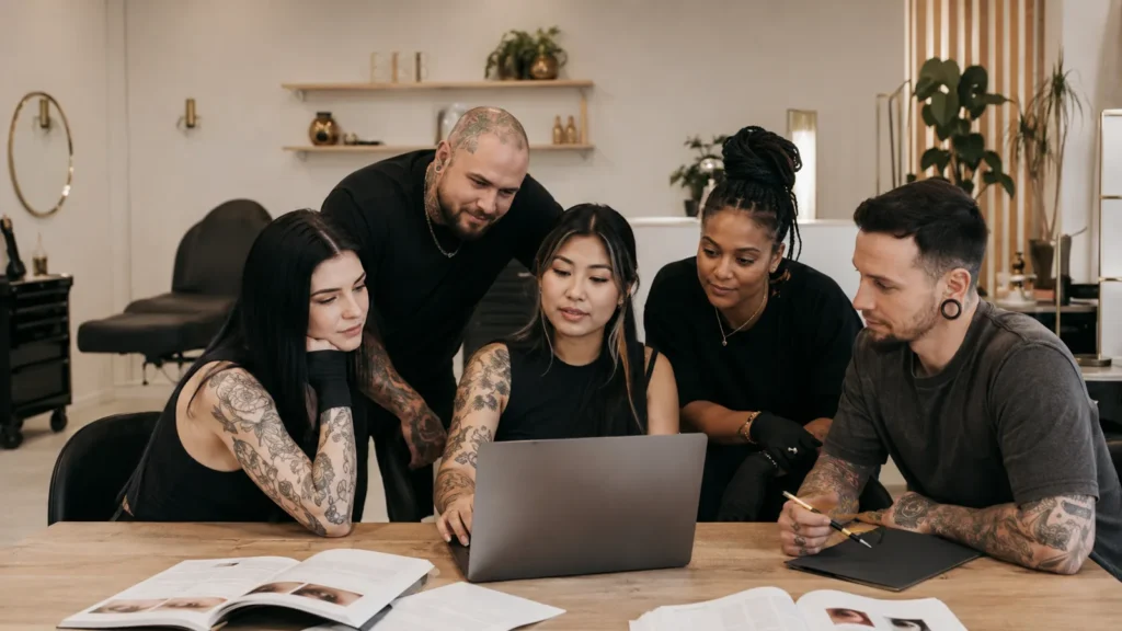 Body art professionals learning together in a modern studio education setting