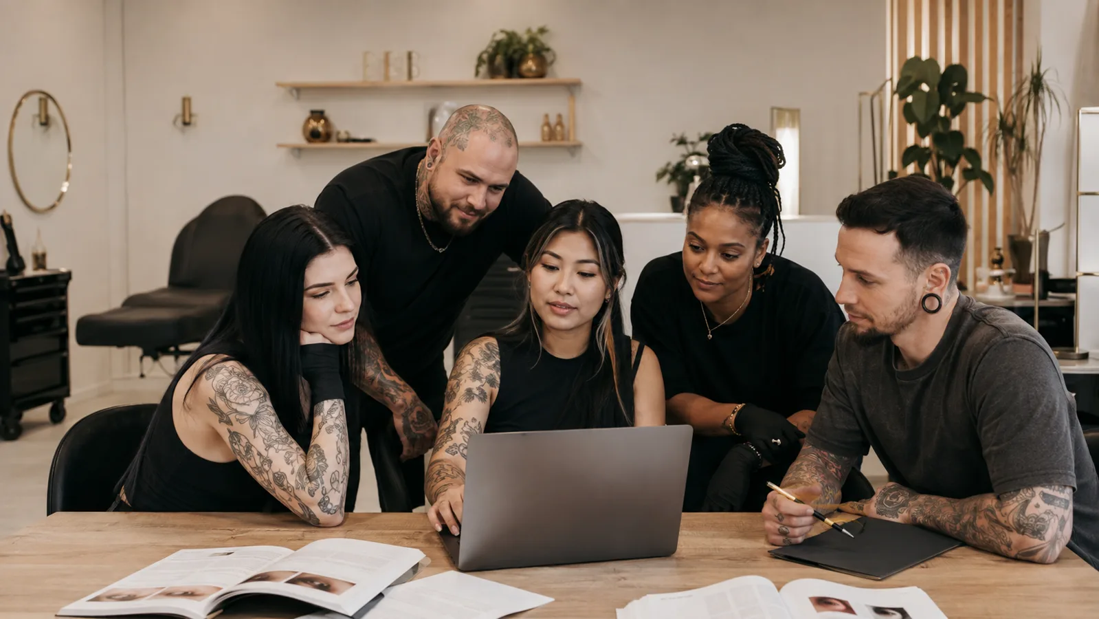 Body art professionals learning together in a modern studio education setting