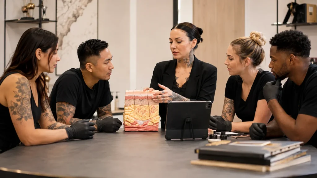 Body art educator teaching skin anatomy with an anatomical model and tablet