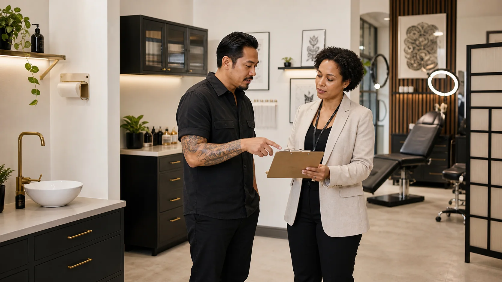 Environmental health inspector and body art studio manager reviewing a studio together