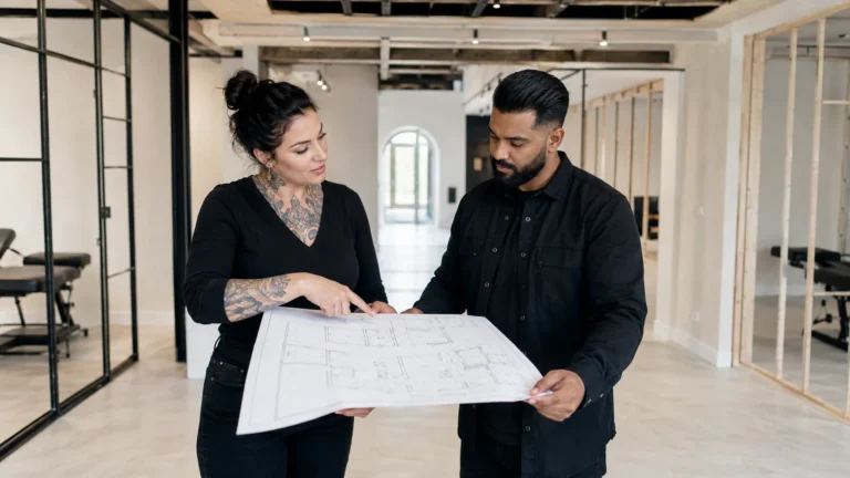 Body art studio owner and building designer reviewing a floor plan in a bright studio shell