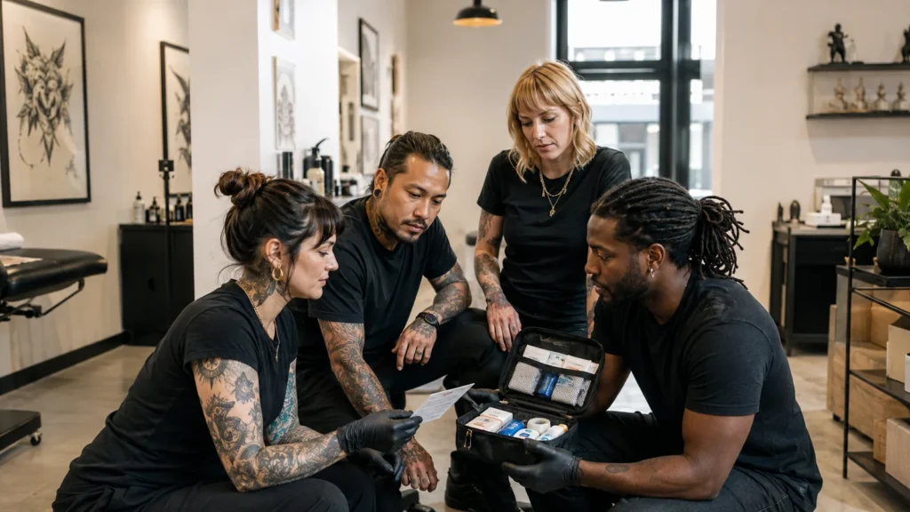 Body art studio team reviewing a first aid kit and emergency plan before opening