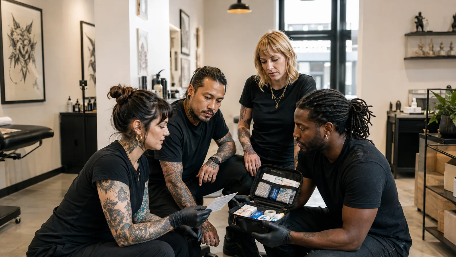 Body art studio team reviewing a first aid kit and emergency plan before opening